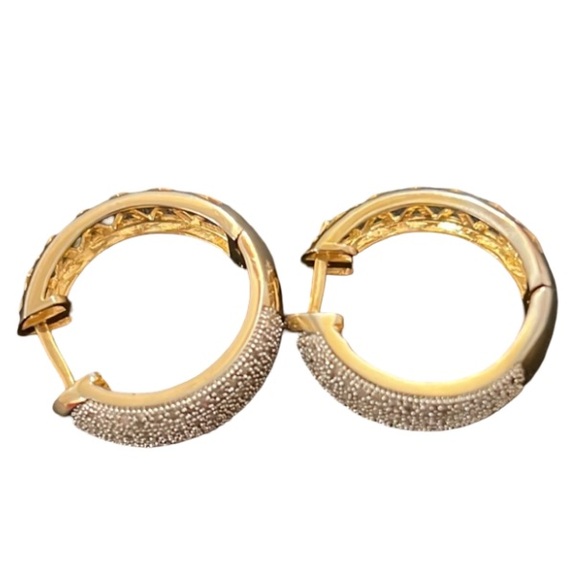 Designer 14KT Gold Plated Paved CZ Crystal Diamond Cut Out Huggie Hoops - Picture 8 of 11